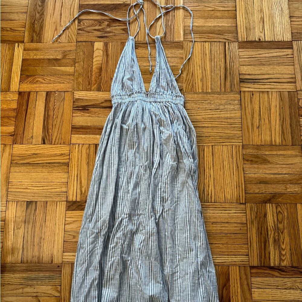 LoveShackFancy Blue and White Stripe Halter Maxi Dress